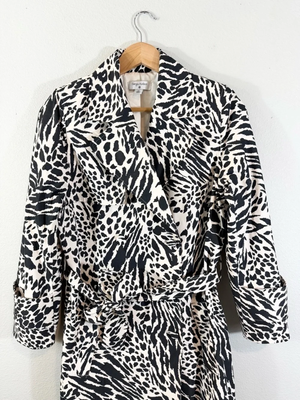 Sergio Hudson x Target Trench Coat XS Black White Animal Print Strong Shoulder - Picture 2 of 13